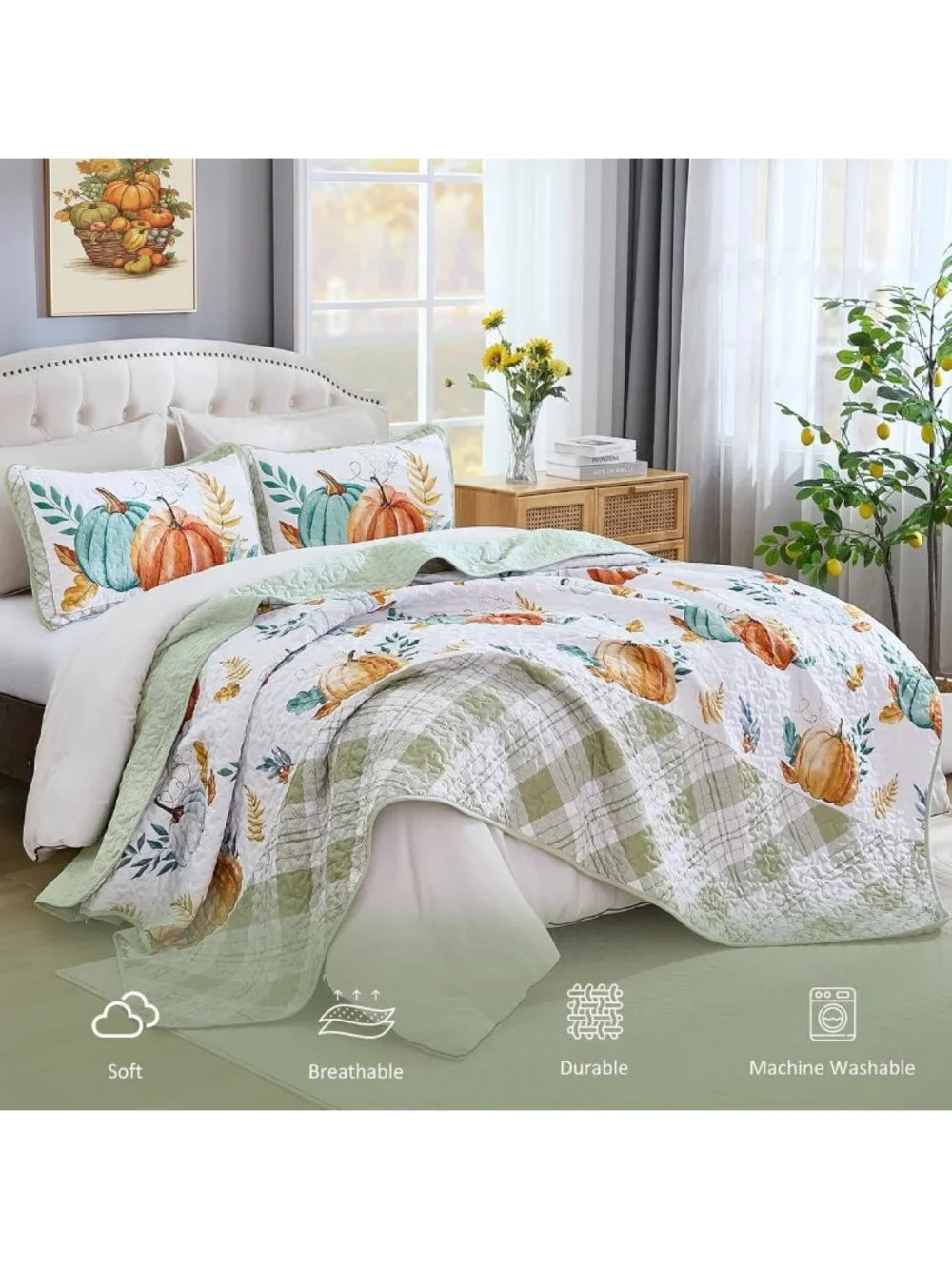 Cozy Fall Quilt Set Queen, Pumpkin Patchwork Bedspread, Sage Green Home Decor